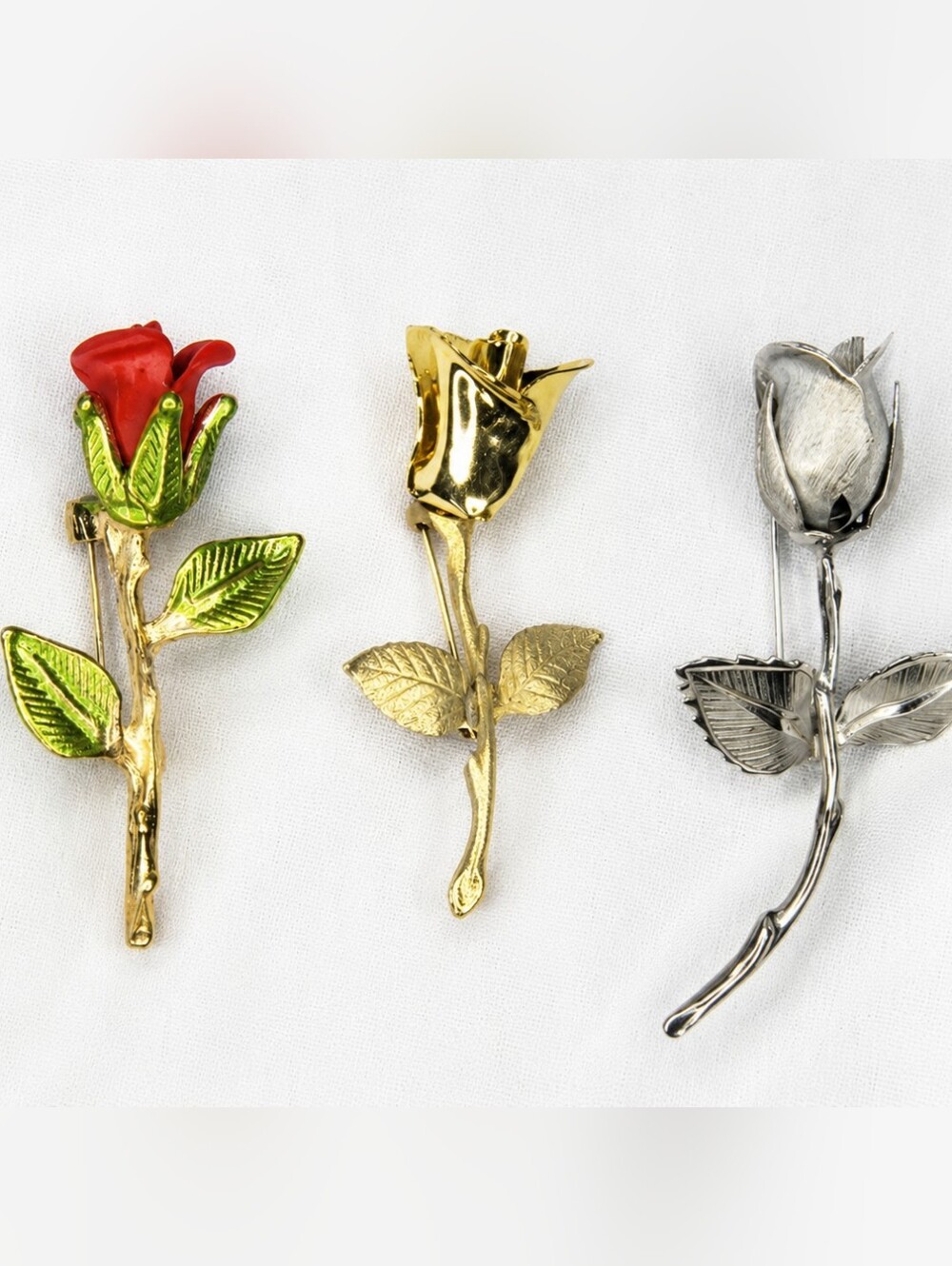 Set of 3 Rose Flower Brooch Pins Gold Silver Red Enamel Vintage Style Floral
